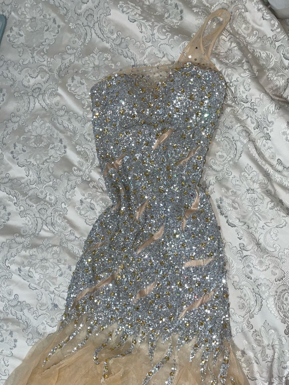 Gold and Silver Beaded Rhinestone Sequin Tulle Mermaid Prom Dress Gown